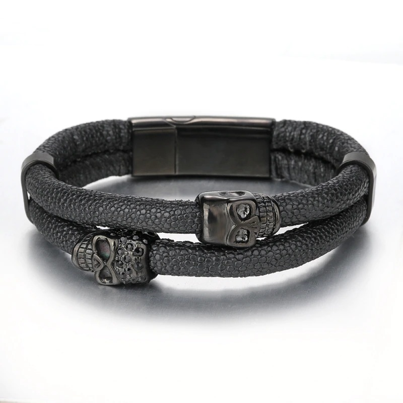 Stylish men's punk bracelet made of genuine leather with skull magnetic clasp, perfect for adding an edgy touch to any outfit.