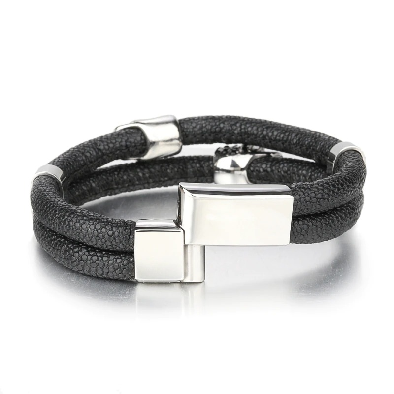 Fashion men's black leather bracelet with stainless steel magnetic clasp, trendy punk style jewelry.