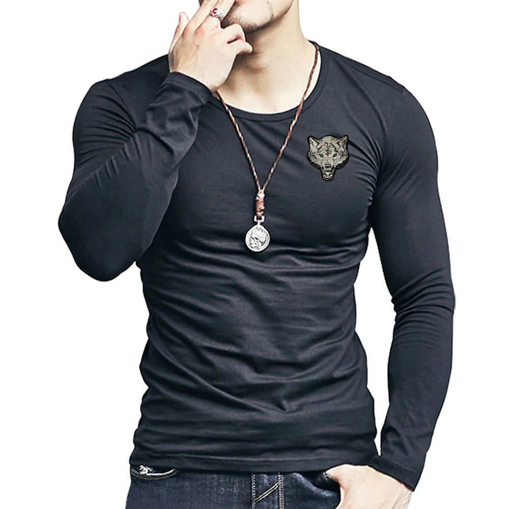 Fashion Men's T-Shirt with Long Sleeve / Cotton O Neck T-Shirt / Slim T-shirt Wolf Embroidery - HARD'N'HEAVY