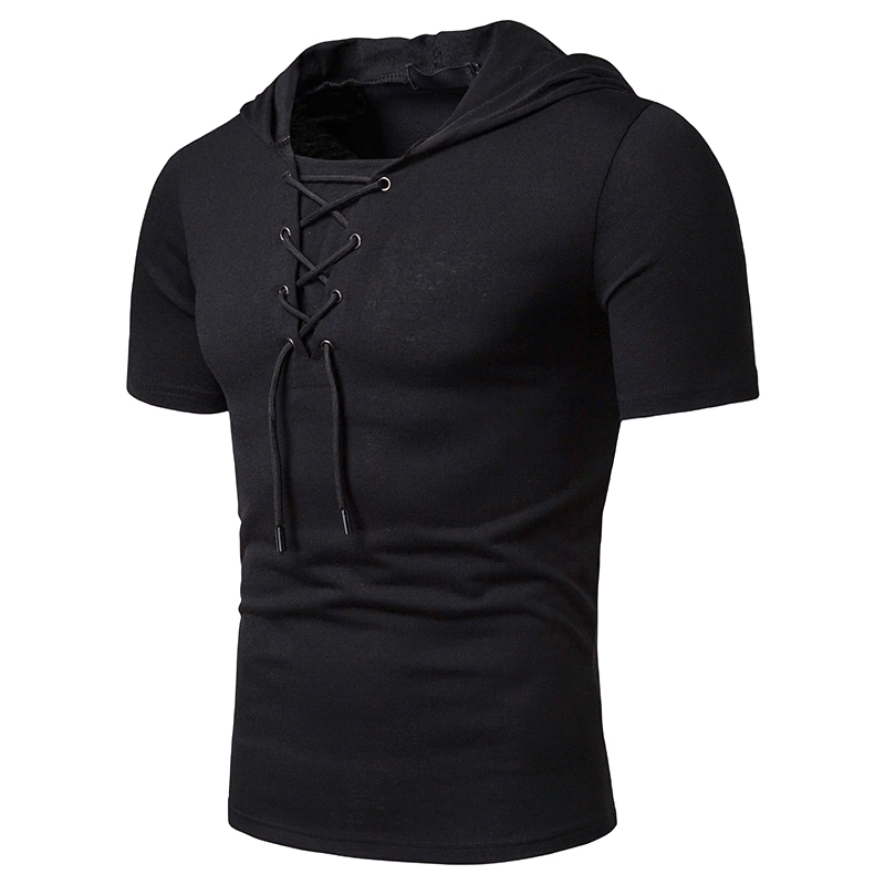 Men's black hooded t-shirt with lace-up design, perfect for casual wear and comfortable everyday style.