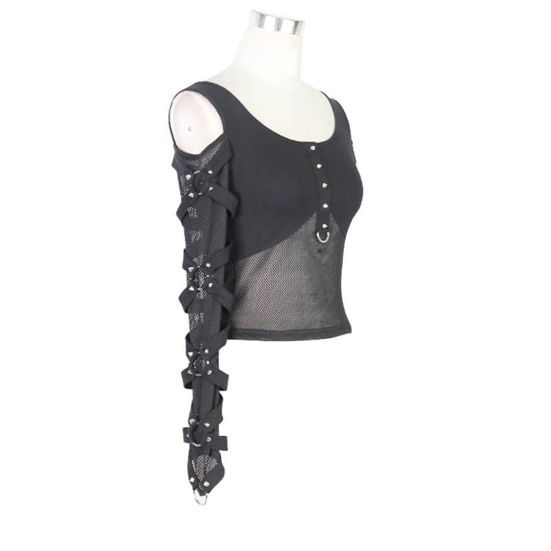 Women's gothic black long sleeve top with mesh and spikes, showcasing a stylish and modern fit for a unique look.