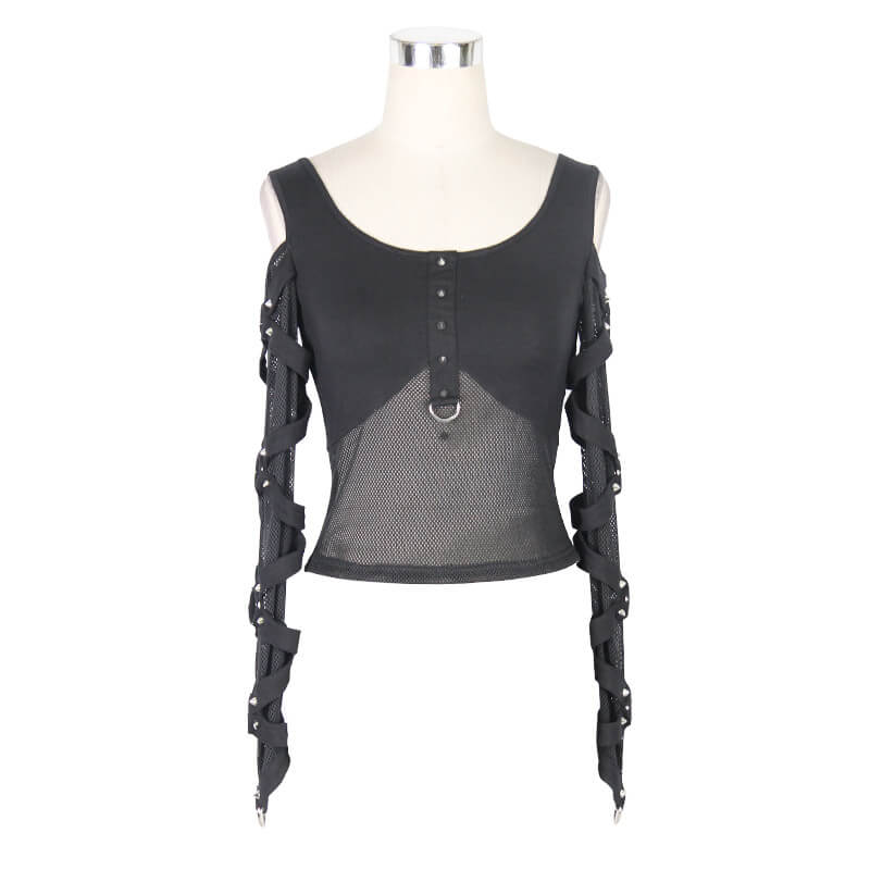 Gothic women's black long sleeve top with mesh and spikes, showcasing a stylish and modern cut.