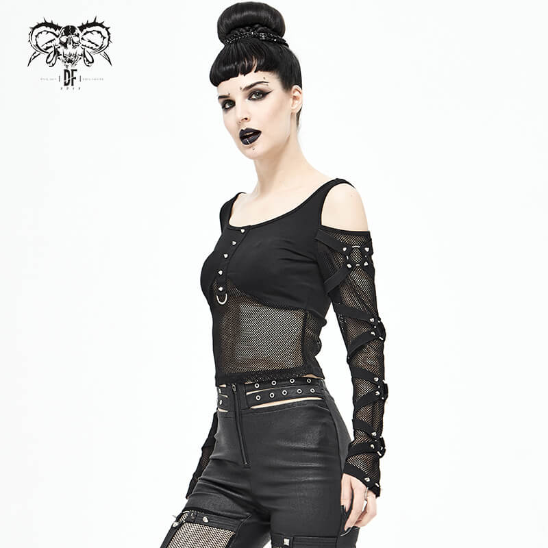 Gothic women's black long-sleeve top with mesh details, highlighting a stylish, transparent design for a bold look.