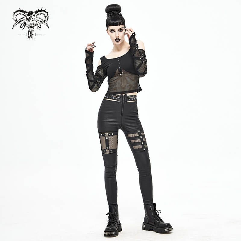 Fashion Mesh Sexy Transparent Long Sleeve Top / Gothic Women's Black Fit Slim Tops with Spikes - HARD'N'HEAVY