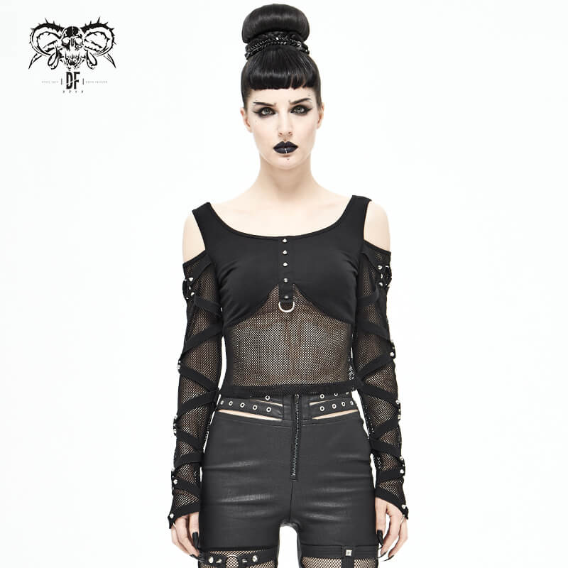 Gothic black long sleeve mesh top featuring stylish cutouts and spikes, perfect for a trendy gothic wardrobe.