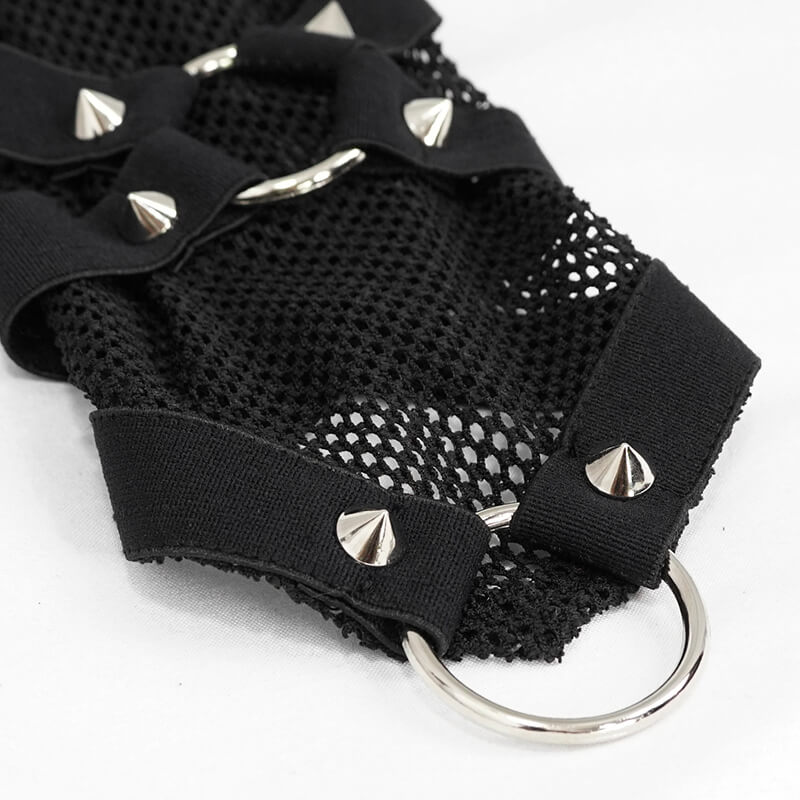 Close-up of a black mesh top featuring spikes and a circular ring, perfect for a gothic fashion statement.