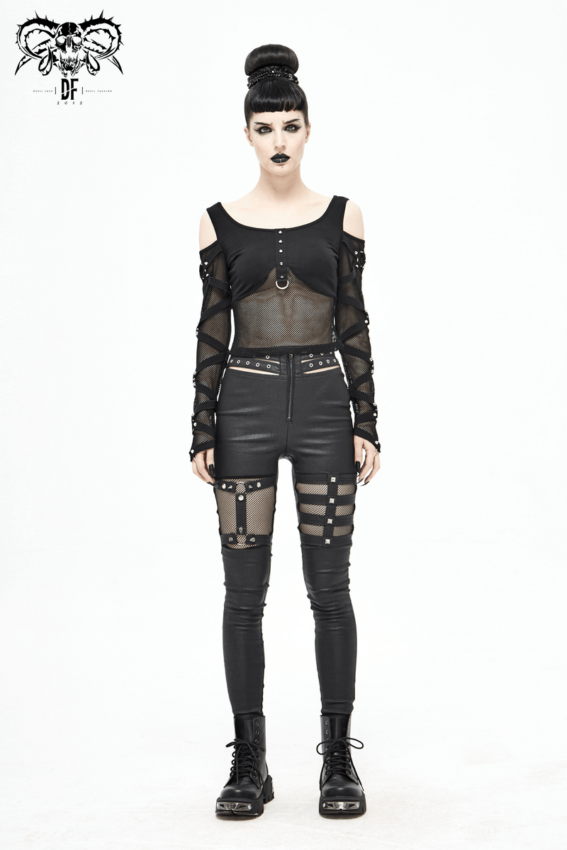 Fashion Mesh Sexy Transparent Long Sleeve Top / Gothic Women's Black Fit Slim Tops with Spikes - HARD'N'HEAVY