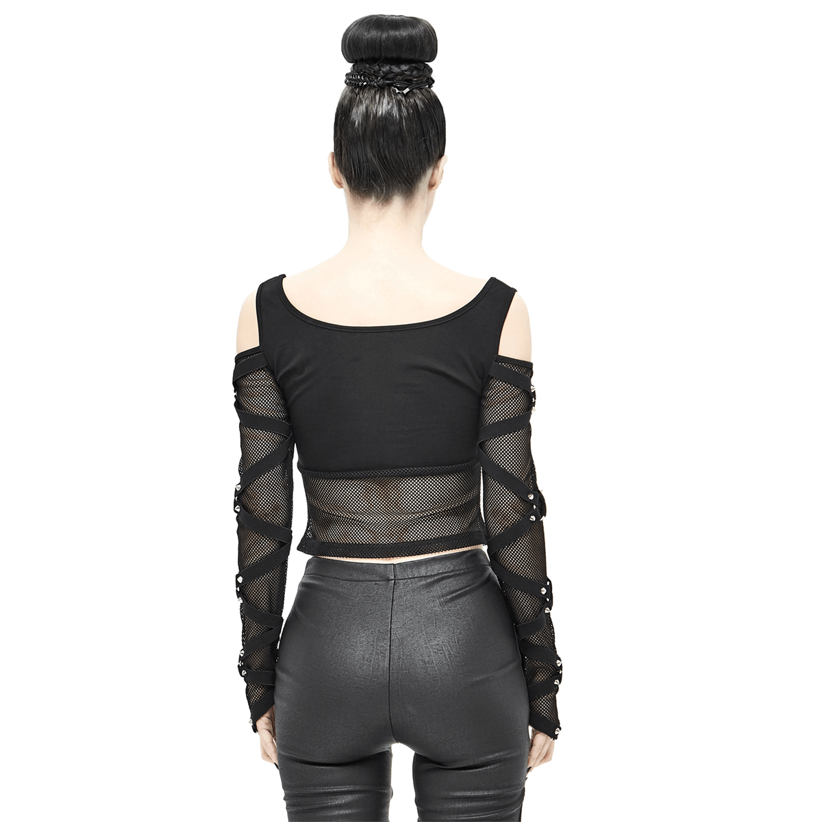 Back view of a gothic women's black transparent long sleeve top with mesh sleeves and slim fit style.