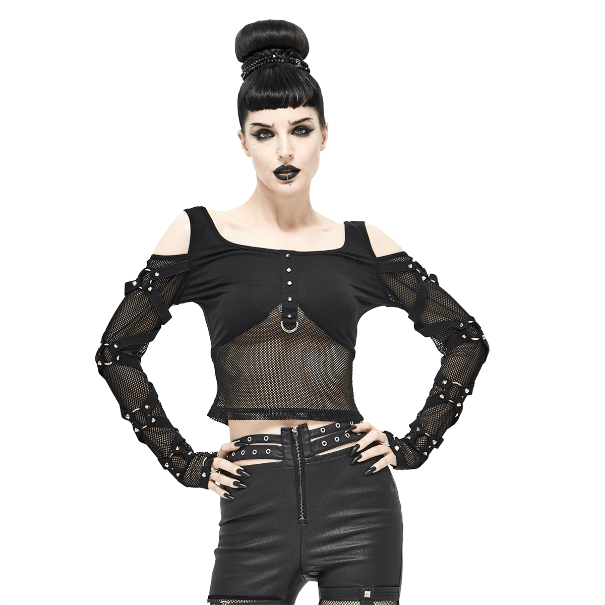 Gothic women's black transparent long-sleeve top with mesh inserts and spikes, stylish and edgy design for a trendy look.