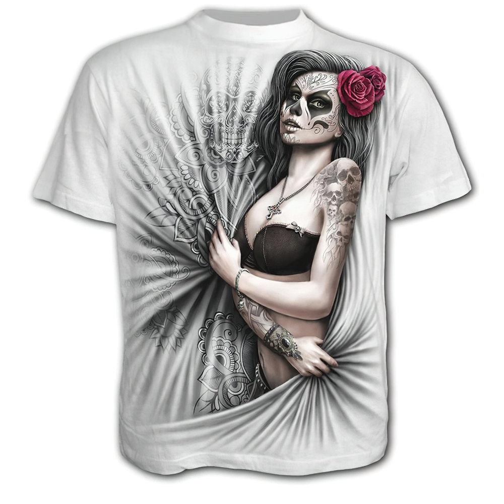 Gothic style 3D print t-shirt featuring a girl with a red rose in her hair and skull makeup.
