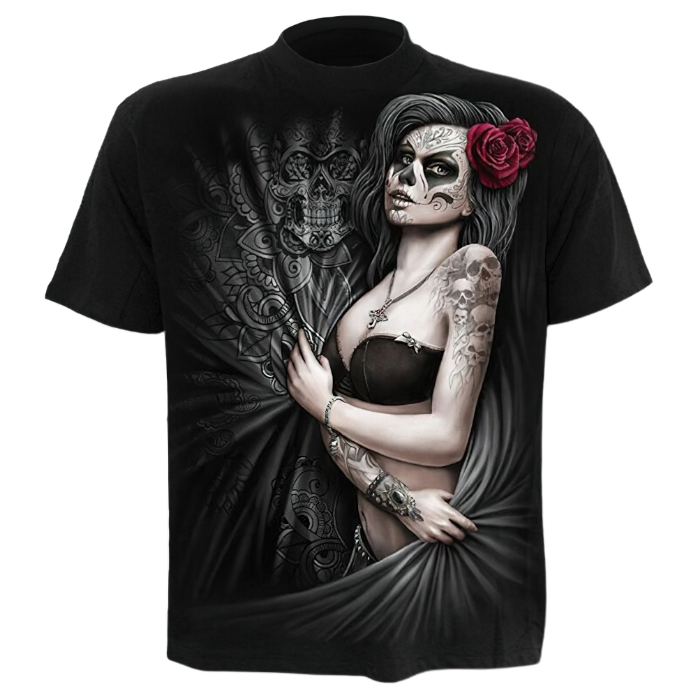 Gothic style O-neck 3D print t-shirt featuring a girl with a red rose and intricate designs for men and women.