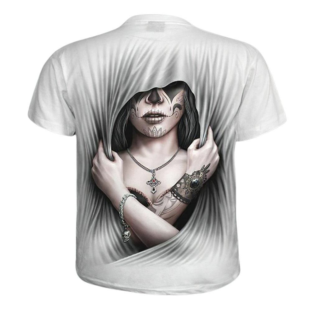 Gothic style 3D print t-shirt showcasing a haunting design with a girl and intricate tattoos on a soft white fabric.