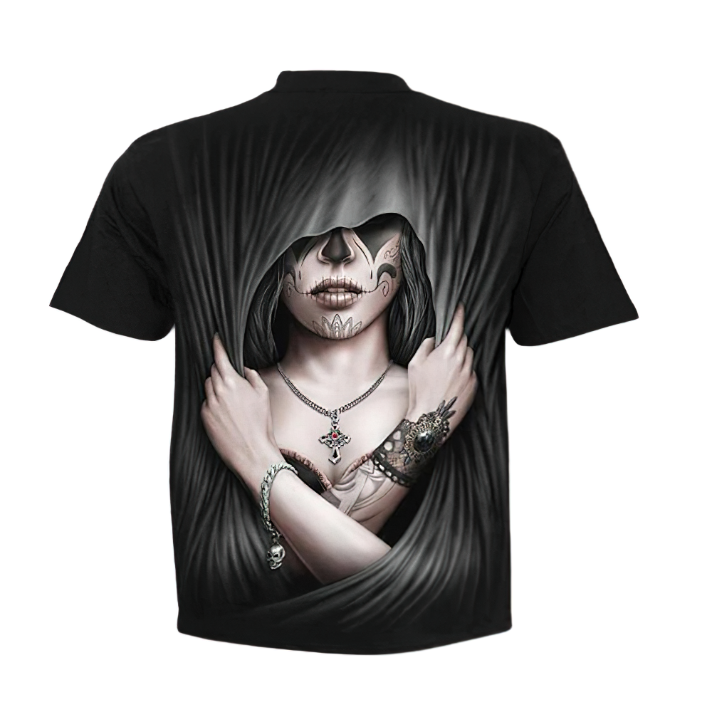 Gothic 3D print t-shirt featuring a mystical design with a girl and intricate jewelry on a black fabric.
