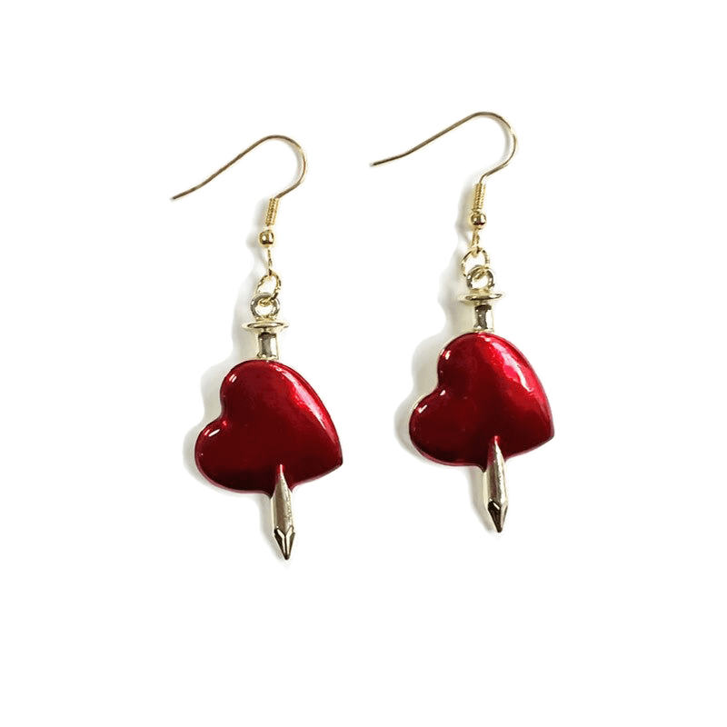 Gothic style red heart earrings with arrow accent, perfect for adding flair to any outfit.