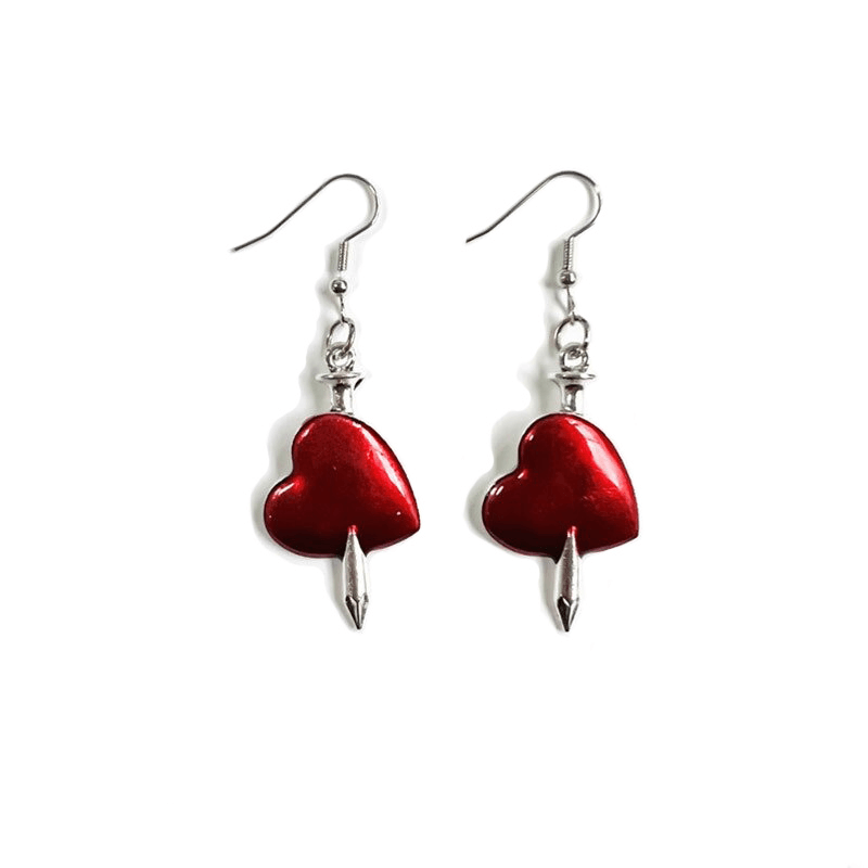 Gothic red heart earrings with steel hooks, adding a stylish touch to any outfit.