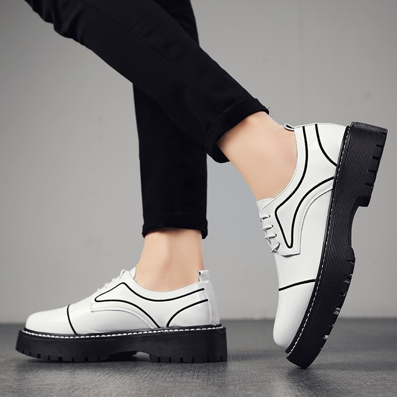 Stylish white PU leather oxfords for men with thick black soles, perfect for casual and formal occasions.