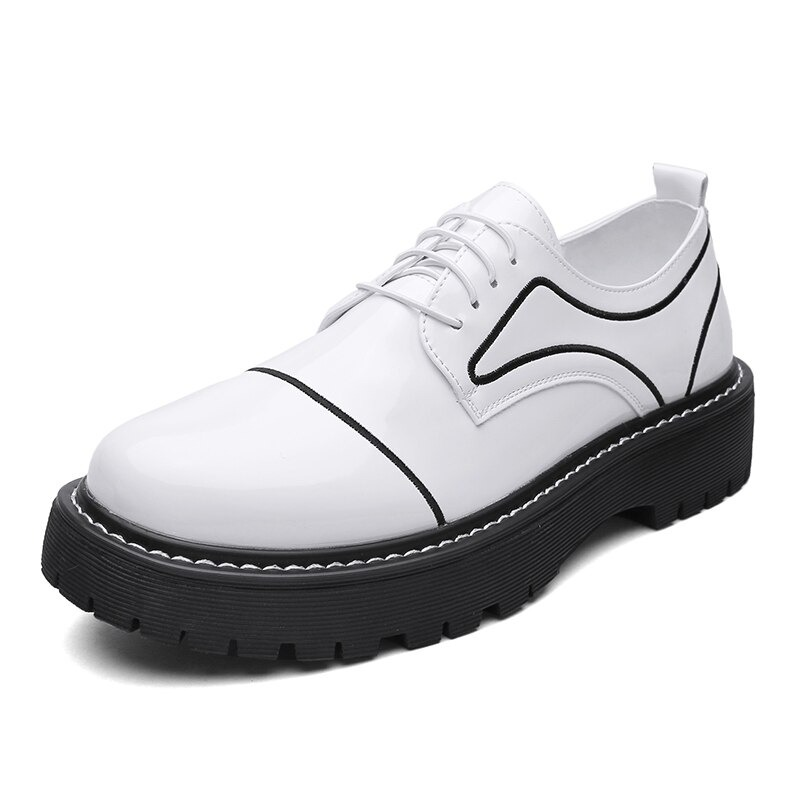 Stylish white PU leather oxfords for men with thick black sole, perfect for casual and formal occasions.