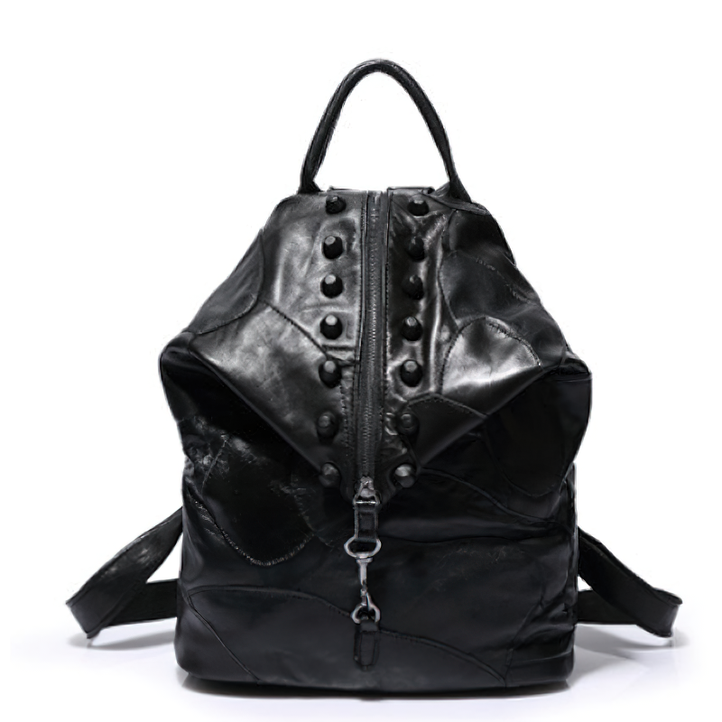 Stylish black panelled designer women's leather backpack with edgy buttons and large capacity for fashion lovers.