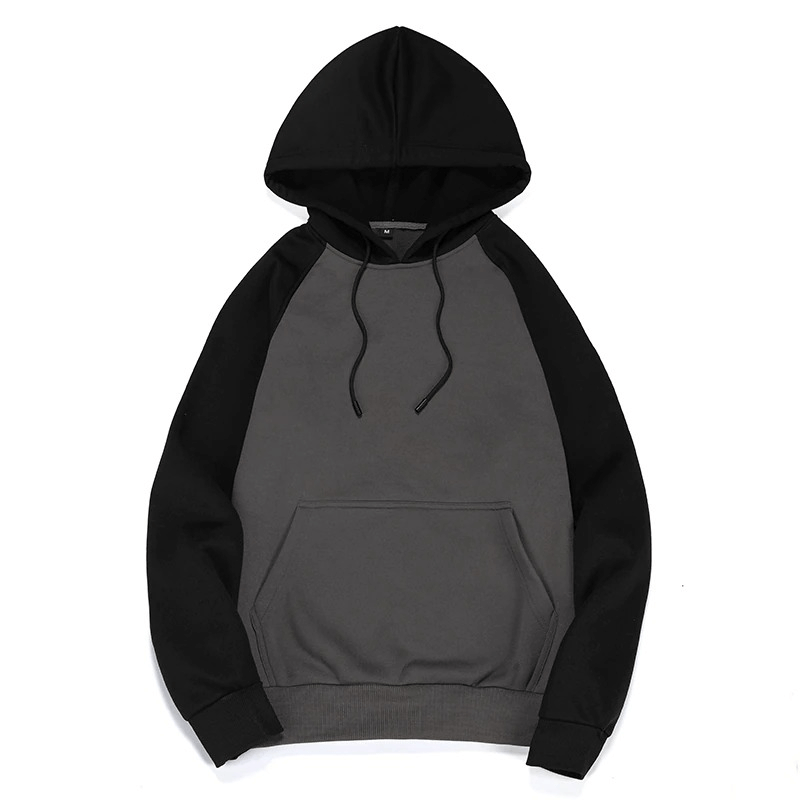 Men's patchwork fleece hoodie in gray and black with pockets for alternative style outfits.