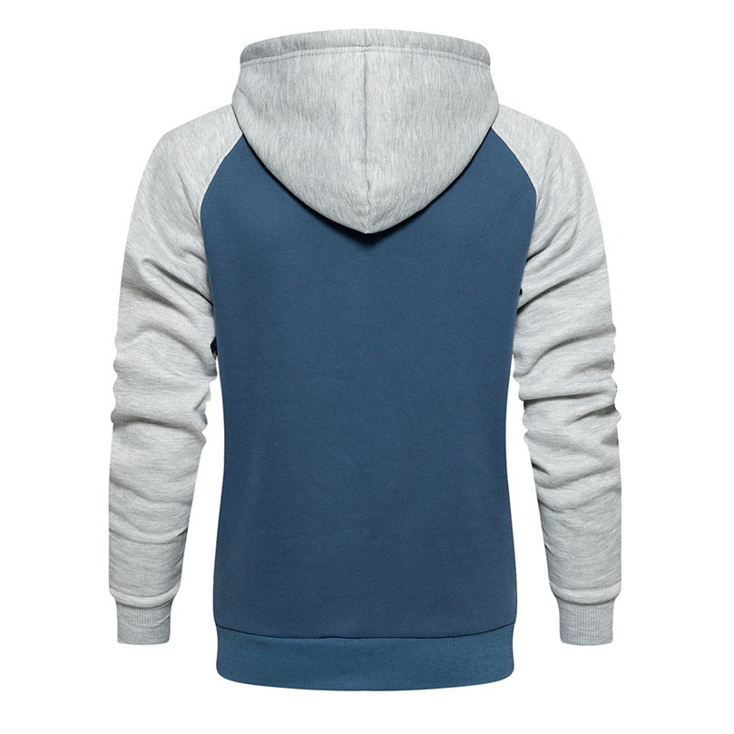 Men's fashion patchwork fleece hoodie in blue and gray, perfect for alternative style outfits.