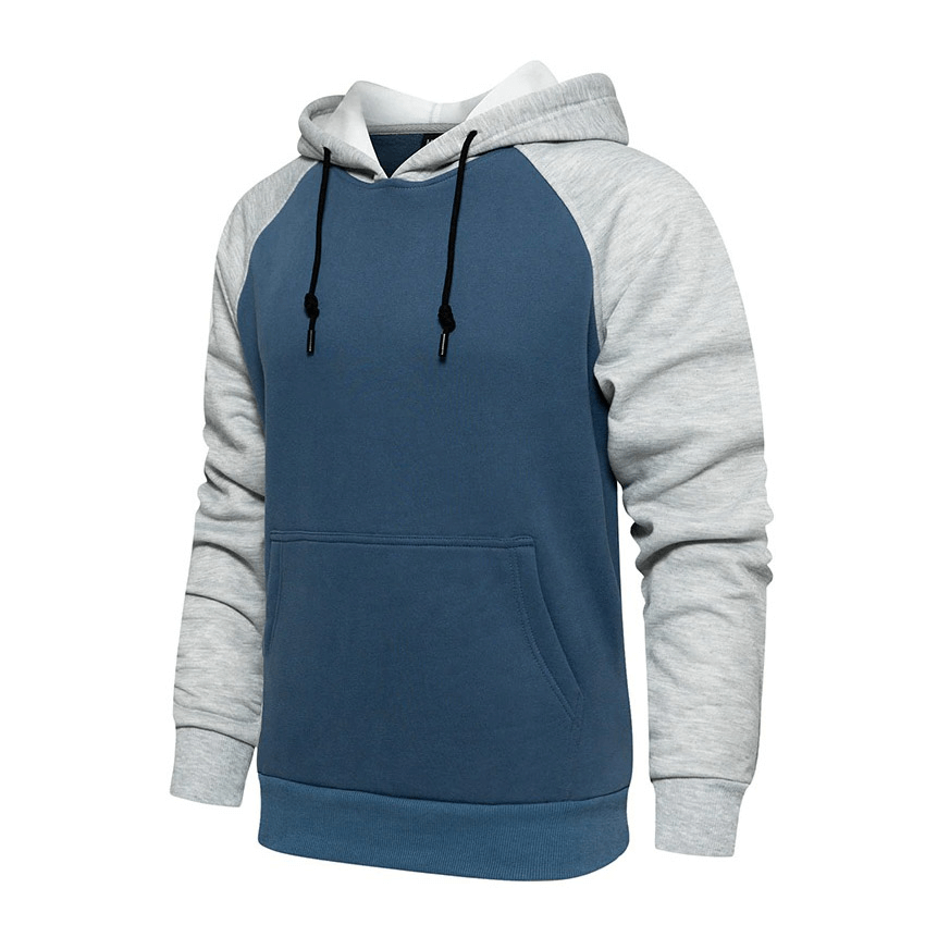 Men's fashionable patchwork fleece hoodie with pockets in blue and gray for alternative style outfits.