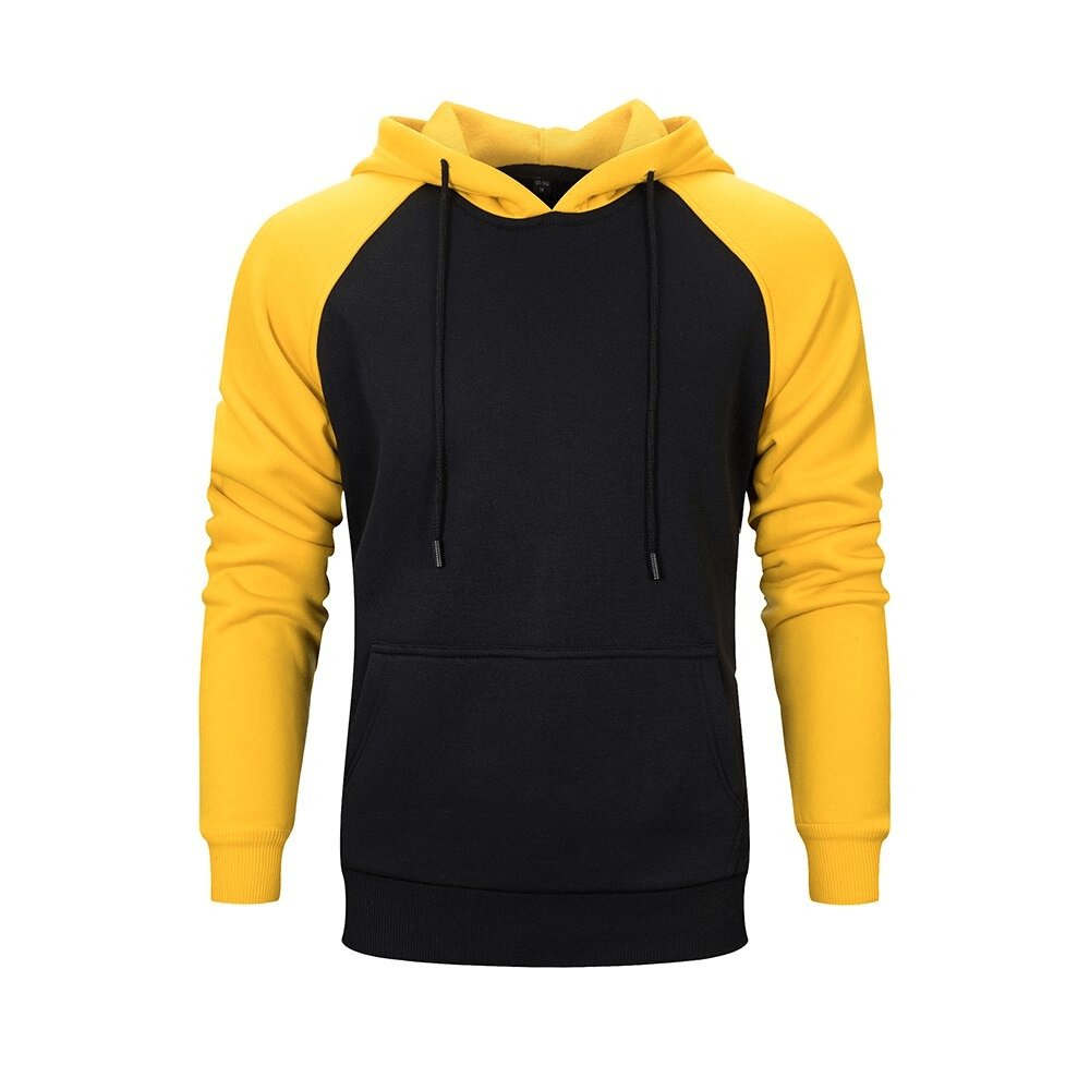 Trendy black and yellow patchwork fleece hoodie for men, perfect for alternative style outfits.
