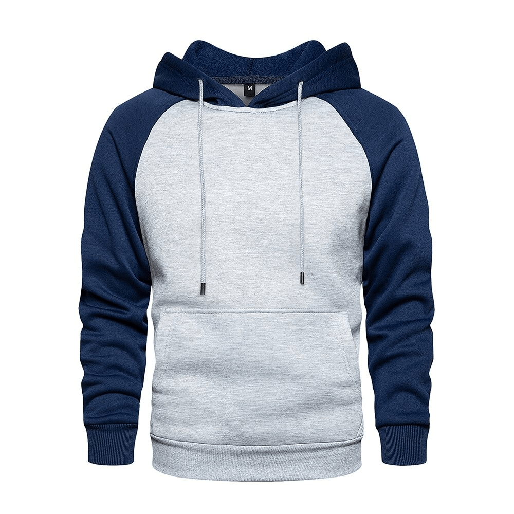 Men's fleece patchwork hoodie in gray and navy, featuring a cozy design with pockets for an alternative style.