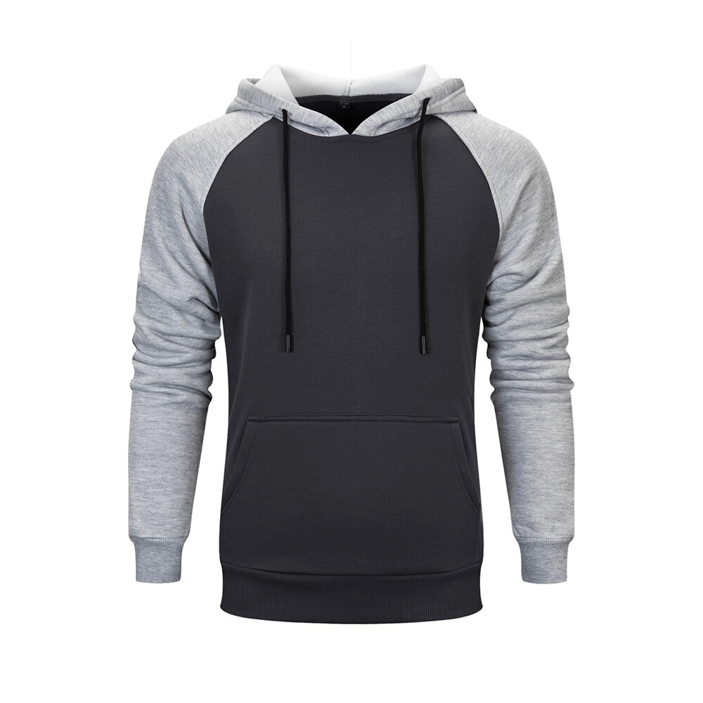 Men's patchwork fleece hoodie in black and gray with pockets, perfect for an alternative style outfit.