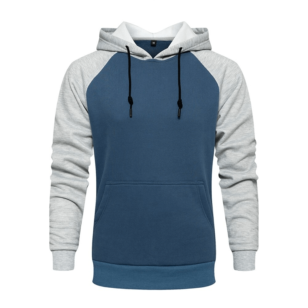 Fashion patchwork fleece hoodie in blue and gray with a front pocket, perfect for alternative style outfits.