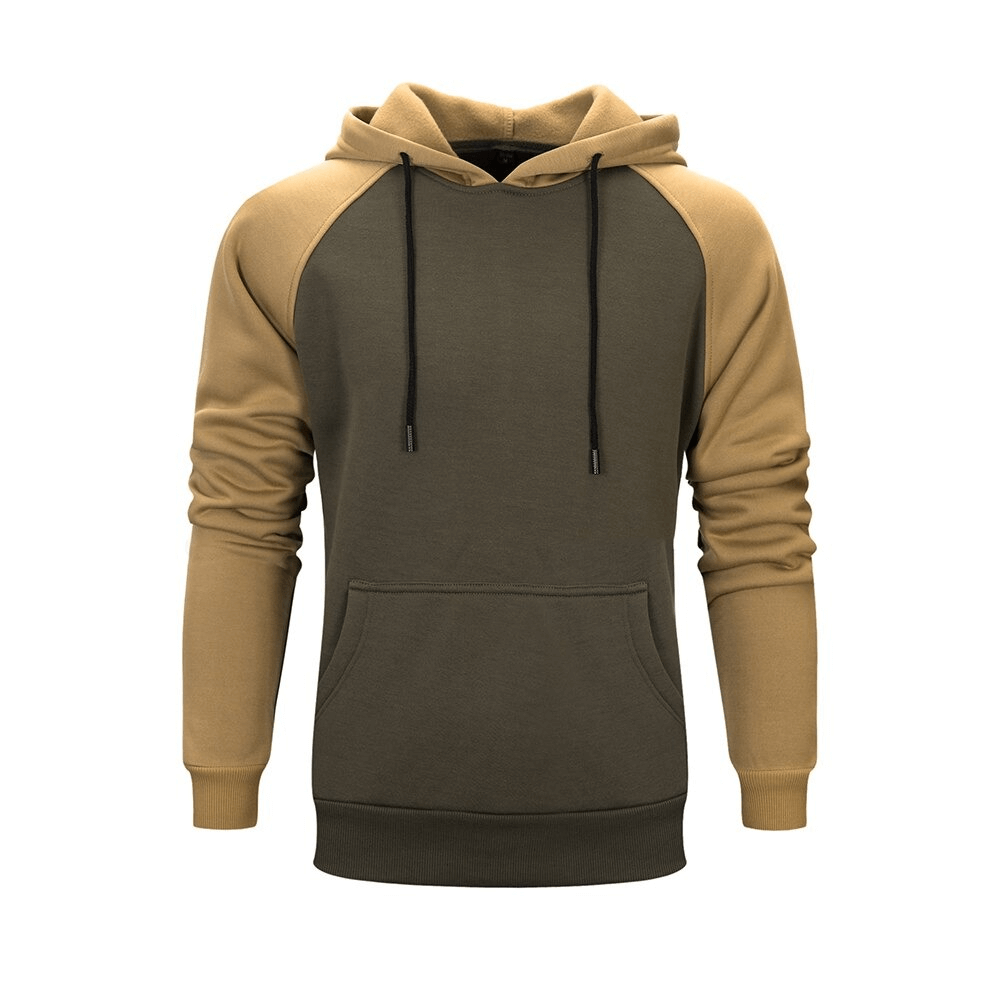 Men's patchwork fleece hoodie in olive and tan, featuring a stylish design and cozy front pocket.