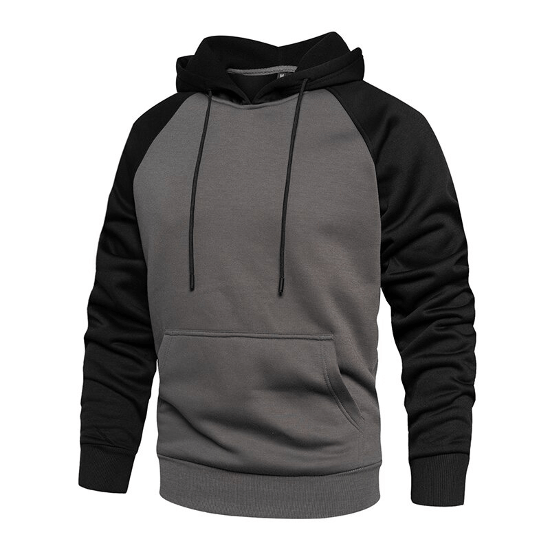 Men's fleece patchwork hoodie in gray and black, featuring a cozy hood and front pockets for alternative style.