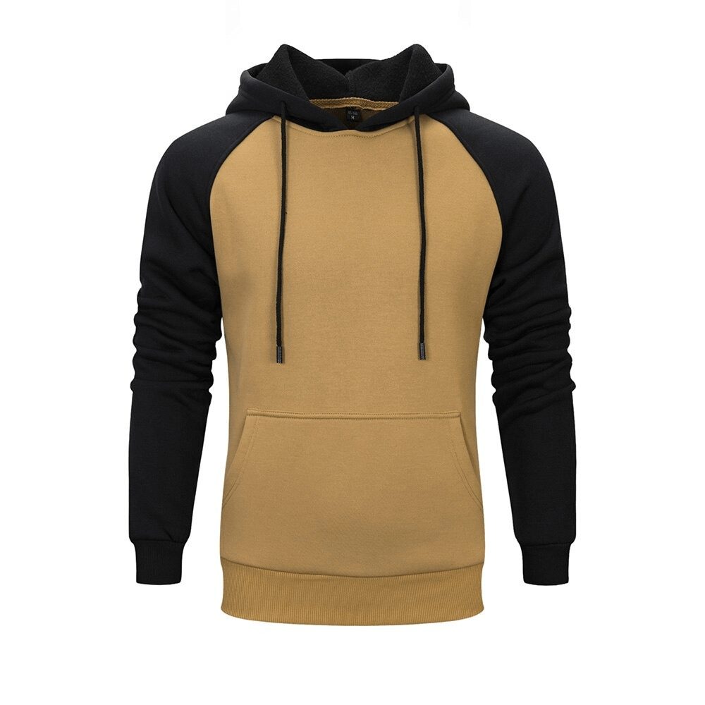 Men's patchwork fleece hoodie in mustard and black, featuring a cozy design and front pocket for stylish warmth.