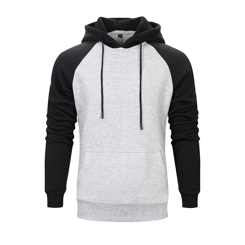 Men's fashion patchwork fleece hoodie in gray and black with pockets, perfect for alternative style outfits.