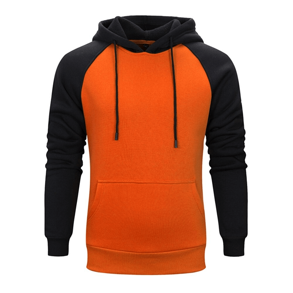 Men's fleece patchwork hoodie in orange and black, featuring a cozy fleece lining and convenient front pockets.