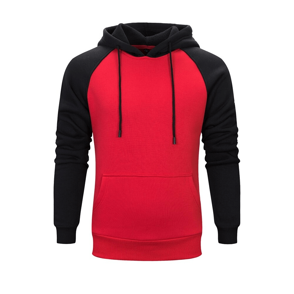 Men's fashion patchwork fleece hoodie in red and black with pockets for stylish alternative outfits.