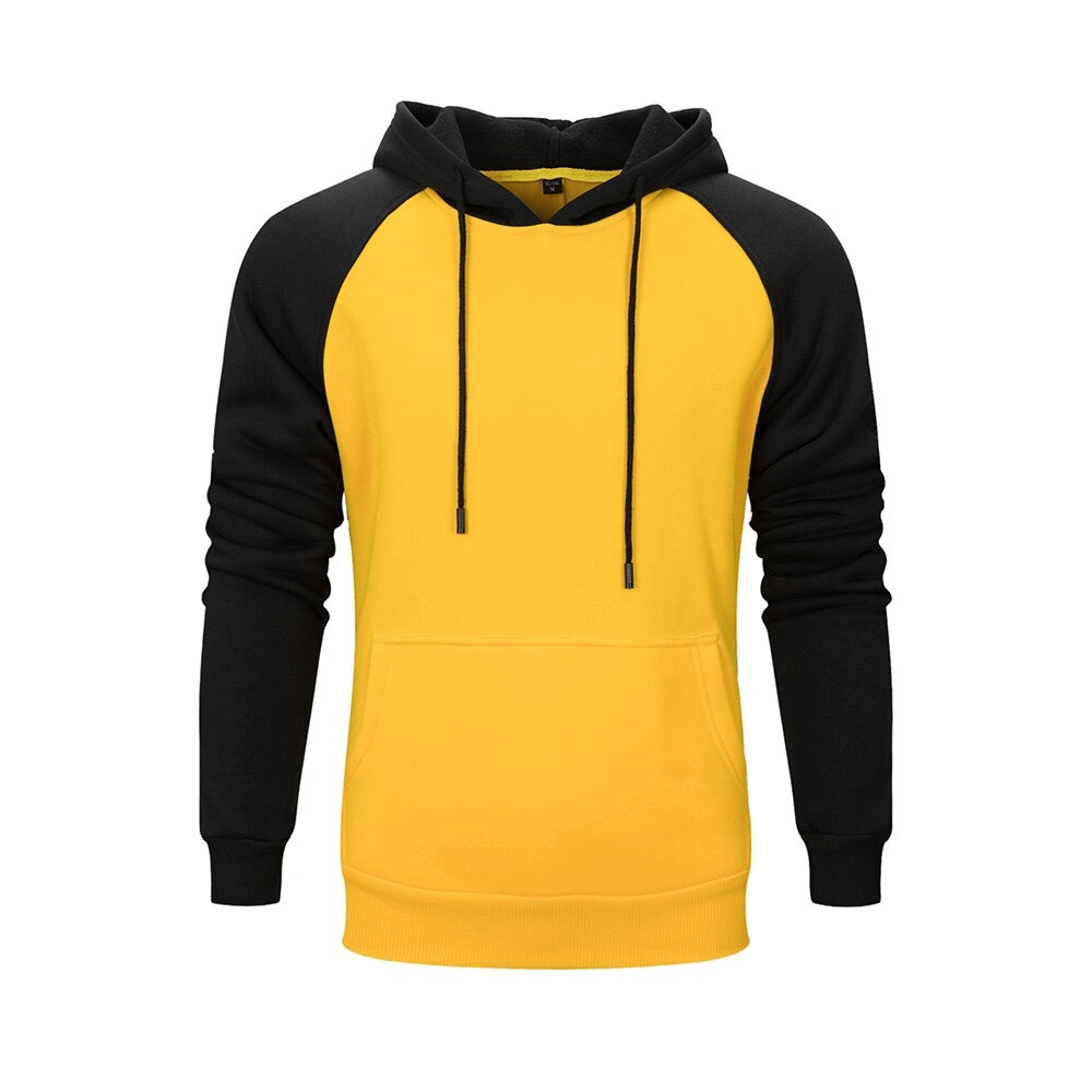 Men's patchwork fleece hoodie in yellow and black, perfect for alternative fashion styles with cozy pockets.