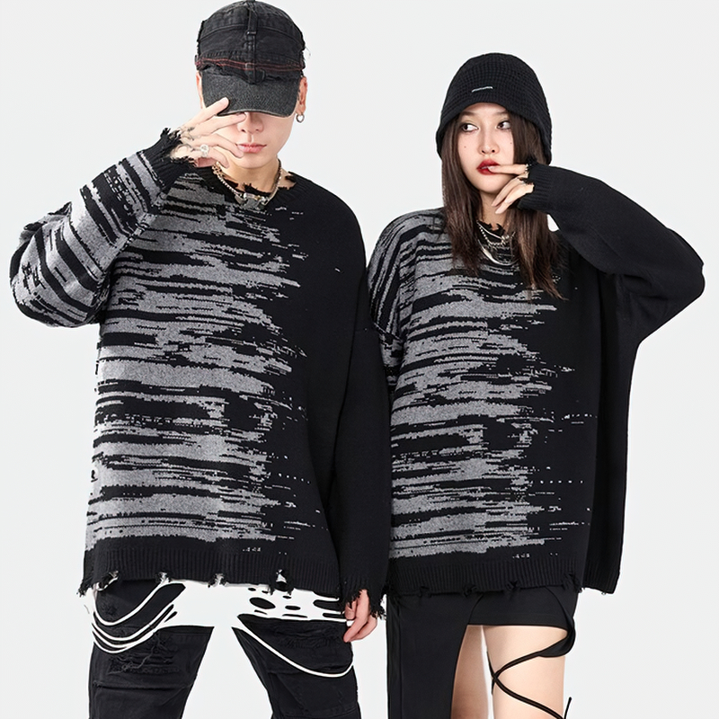 Stylish black patchwork knitted oversized sweaters for men and women in streetwear fashion.