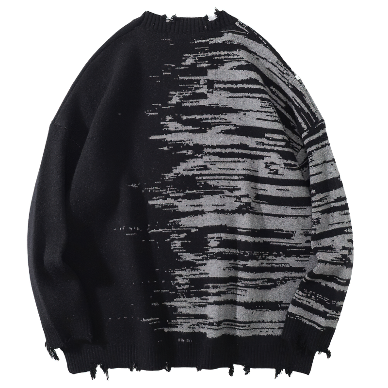 Black oversized knitted sweater with trendy print, perfect for streetwear style and chilly evenings.