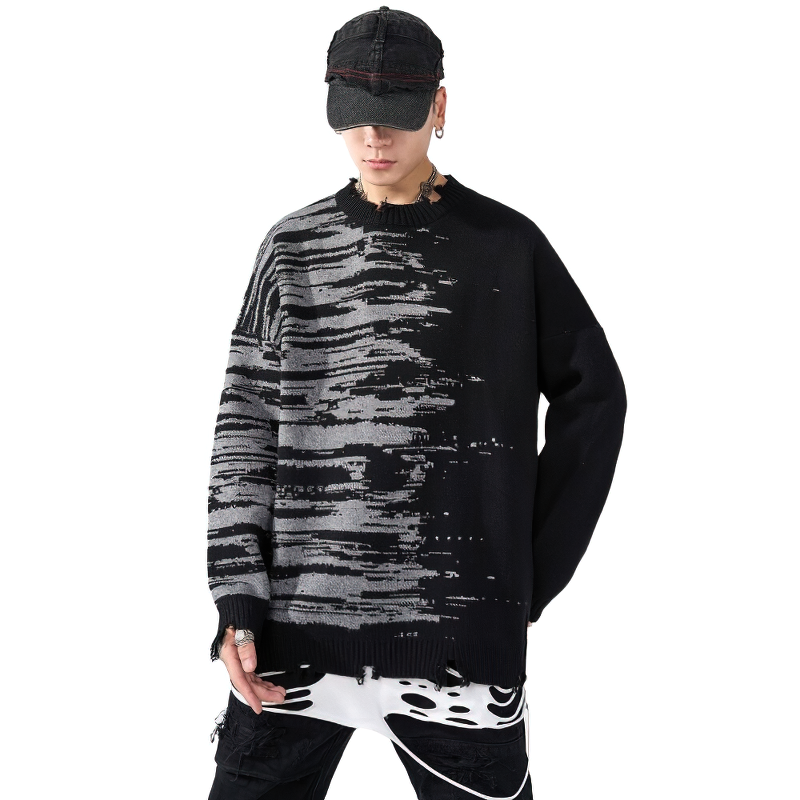 Men's oversized patchwork knitted sweater in black with trendy print, perfect for streetwear style.