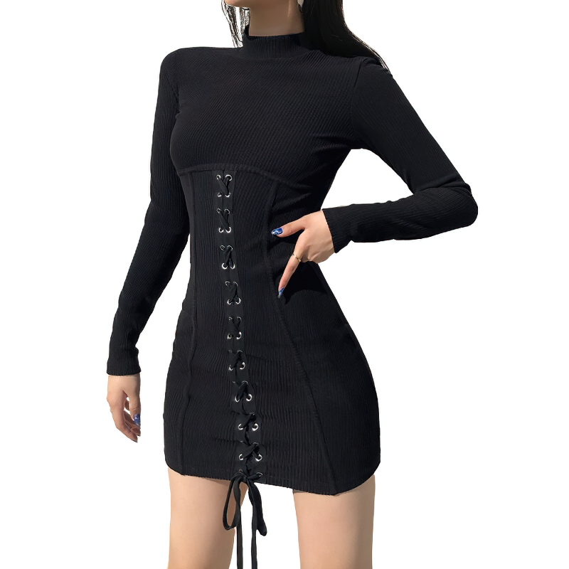 Fashion Patchwork Lace Up Bodycon Black Dress for women, featuring long sleeves and stylish lace-up front.
