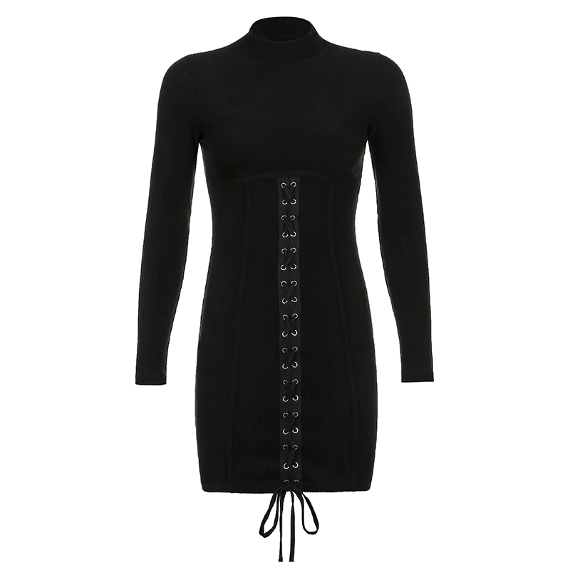 Fashion patchwork lace-up black bodycon dress with long sleeves, perfect for a night out.