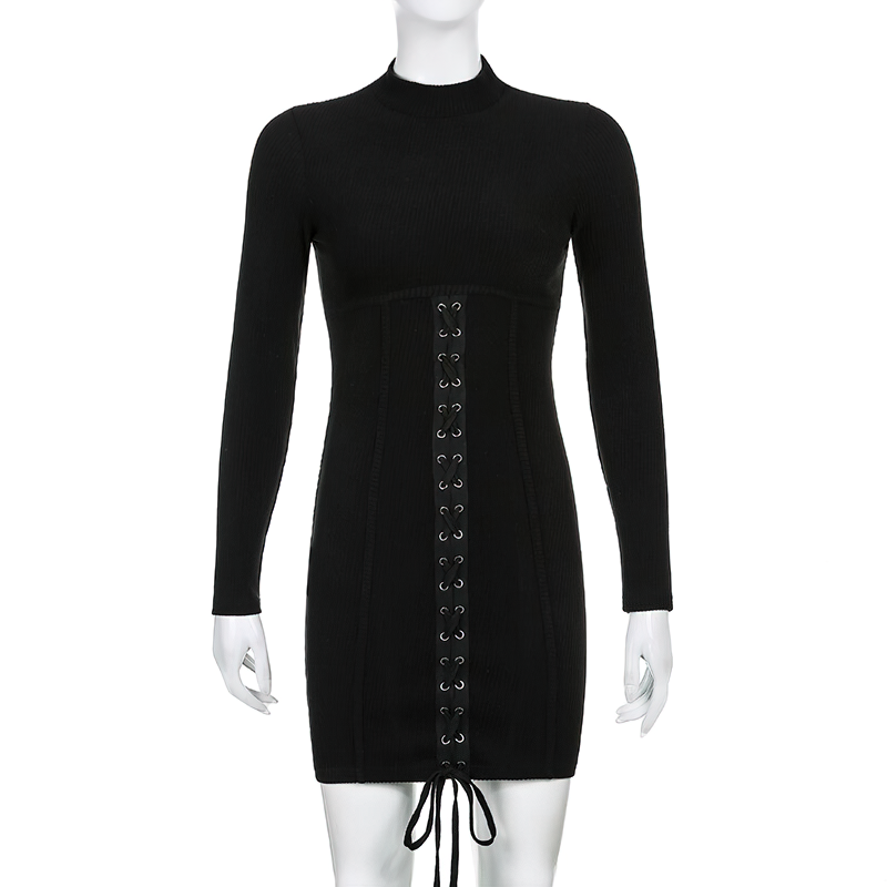Black lace-up bodycon mini dress with long sleeves, perfect for a trendy night out. Stylish and comfortable fit.