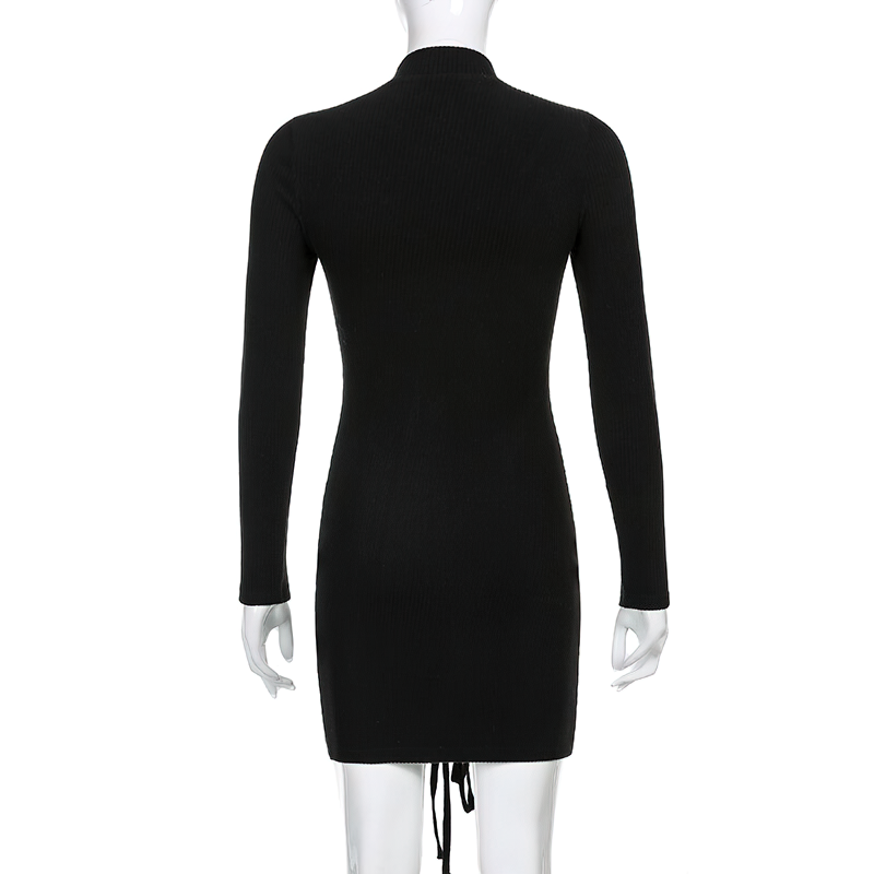 Fashion Patchwork Lace Up Bodycon Black Dress / Women's Long Sleeve Mini Dress - HARD'N'HEAVY