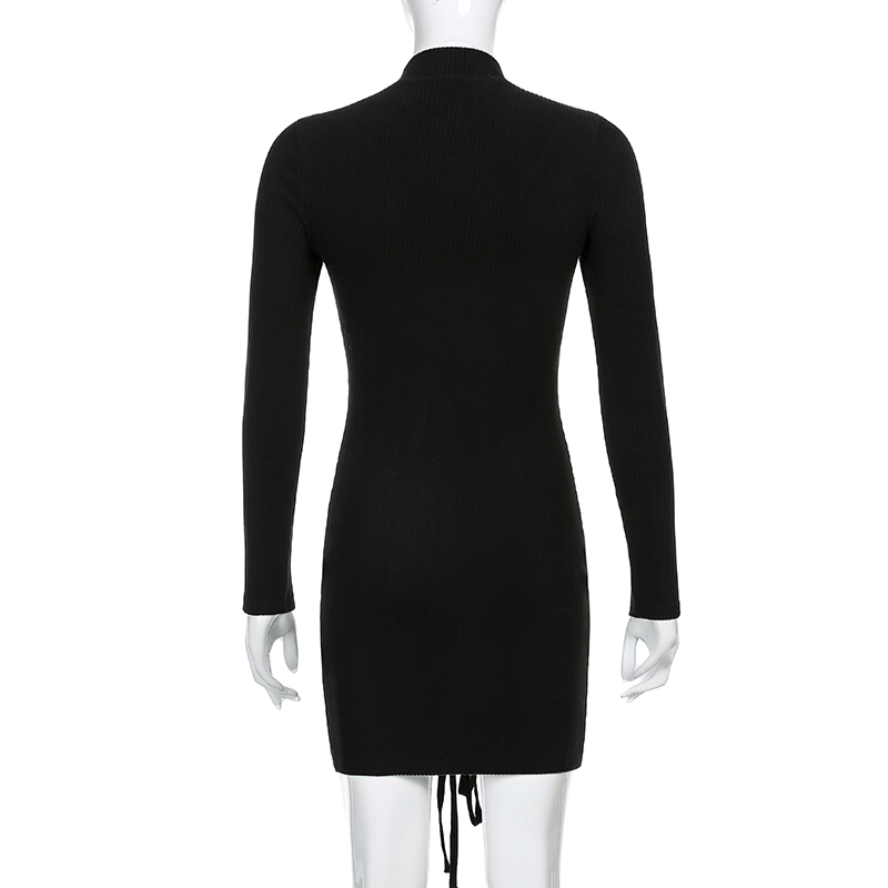 Back view of a fashionable black bodycon mini dress with long sleeves and a lace-up feature.