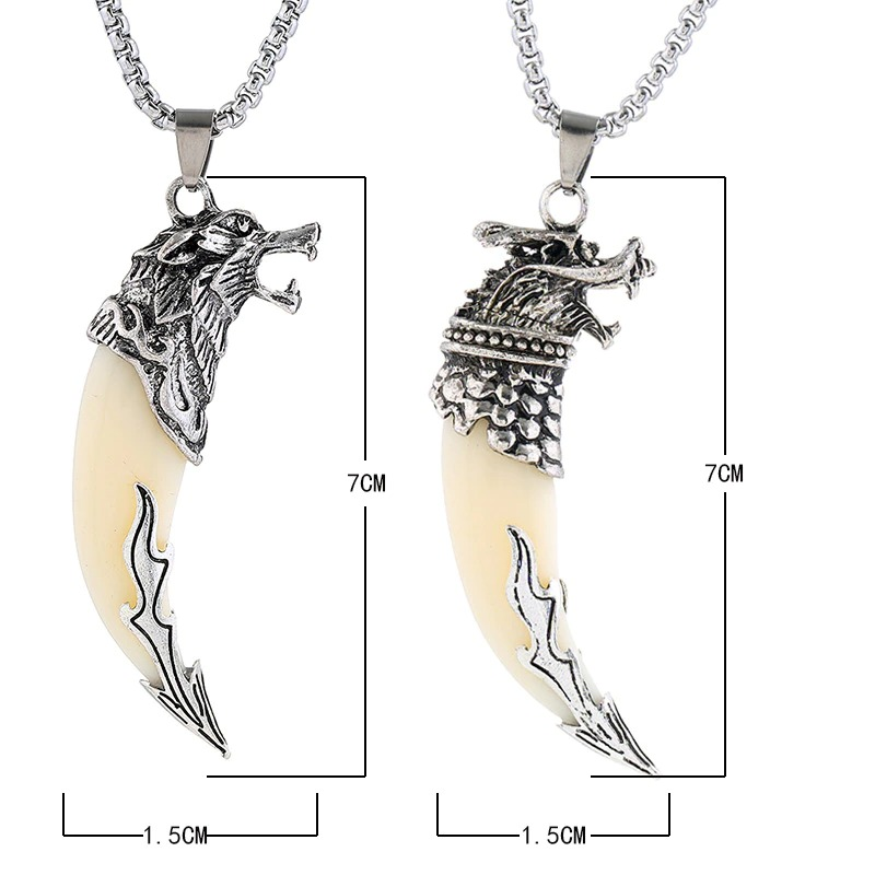 Silver wolf tooth pendant for men and women, rock style alternative jewelry, detailed wolf head design.