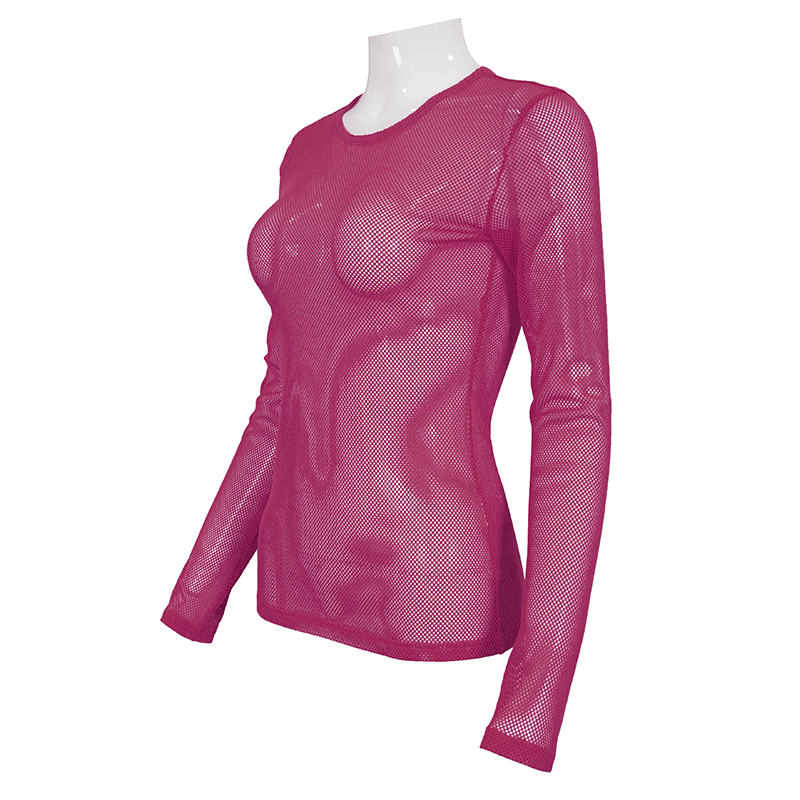Fashion Pink Transparent Long Sleeve Mesh Top for Women / Fluorescent Soft Stretchy Tops - HARD'N'HEAVY
