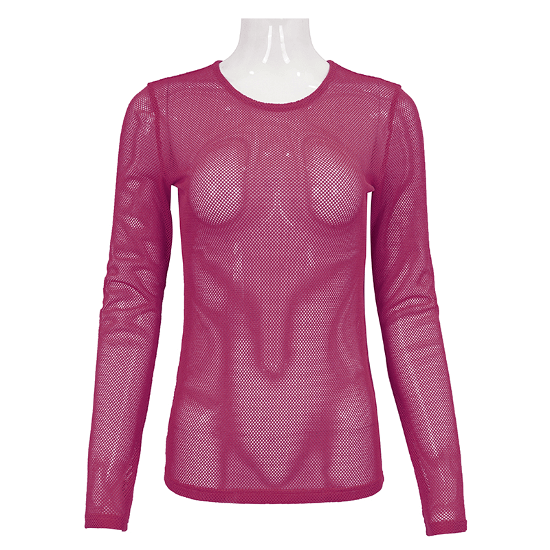 Fashion Pink Transparent Long Sleeve Mesh Top for Women / Fluorescent Soft Stretchy Tops - HARD'N'HEAVY