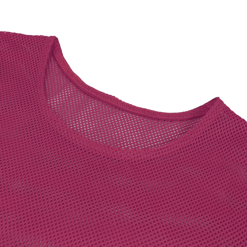 Close-up of a pink mesh top featuring a round neckline, perfect for alternative fashion lovers.