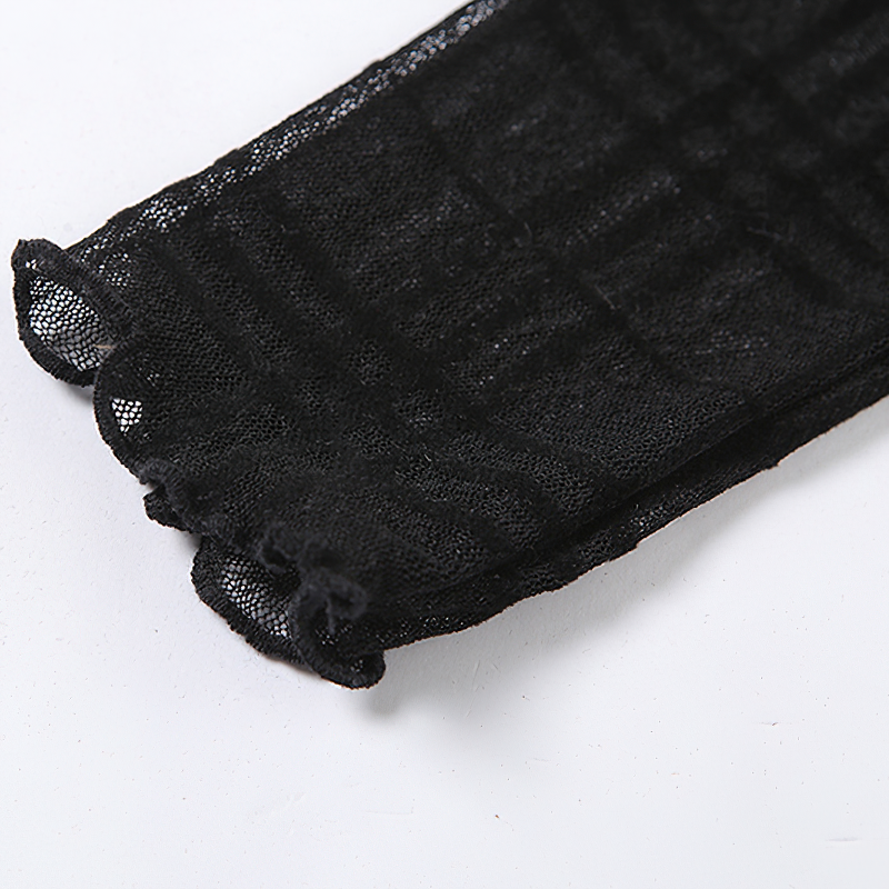 Close-up of the lace sleeve detail from a gothic-style black dress, showcasing intricate fabric texture.