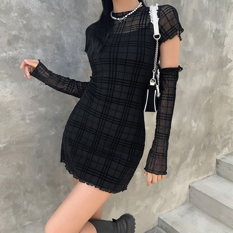 Gothic style plaid mini black dress with removable sleeves, perfect for casual outings and fun accessories.